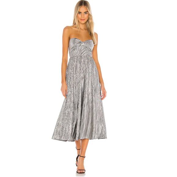 Lovers & Friends Tanya Silver Strapless Midi Maxi Dress Large Party Prom Metalic - Picture 1 of 13